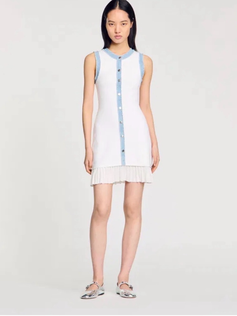 Sandro White Sleeveless Shift Dress with Light Blue Trim